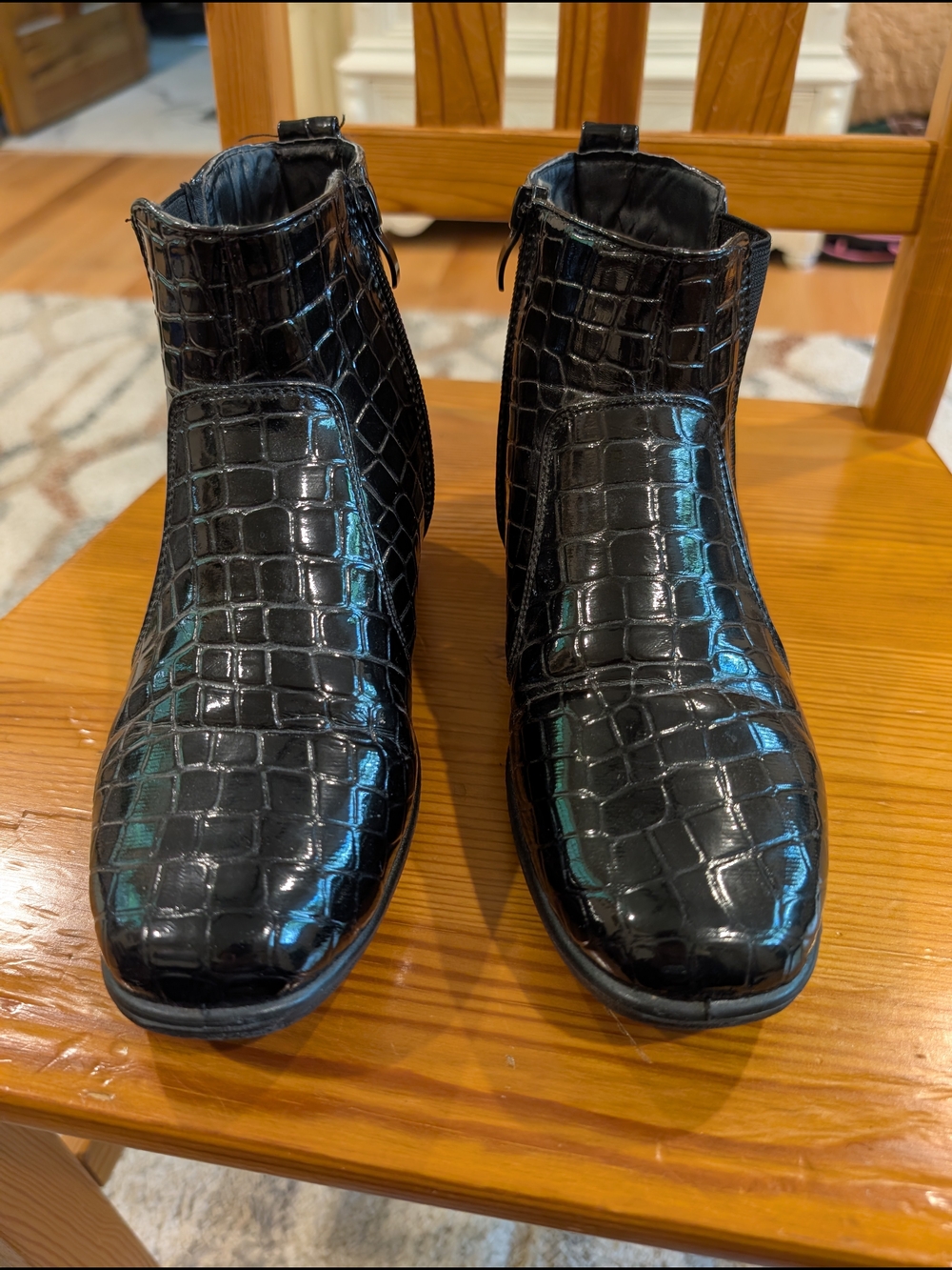 Women's Black Croc-Embossed Patent Leather Like Ankle Boots